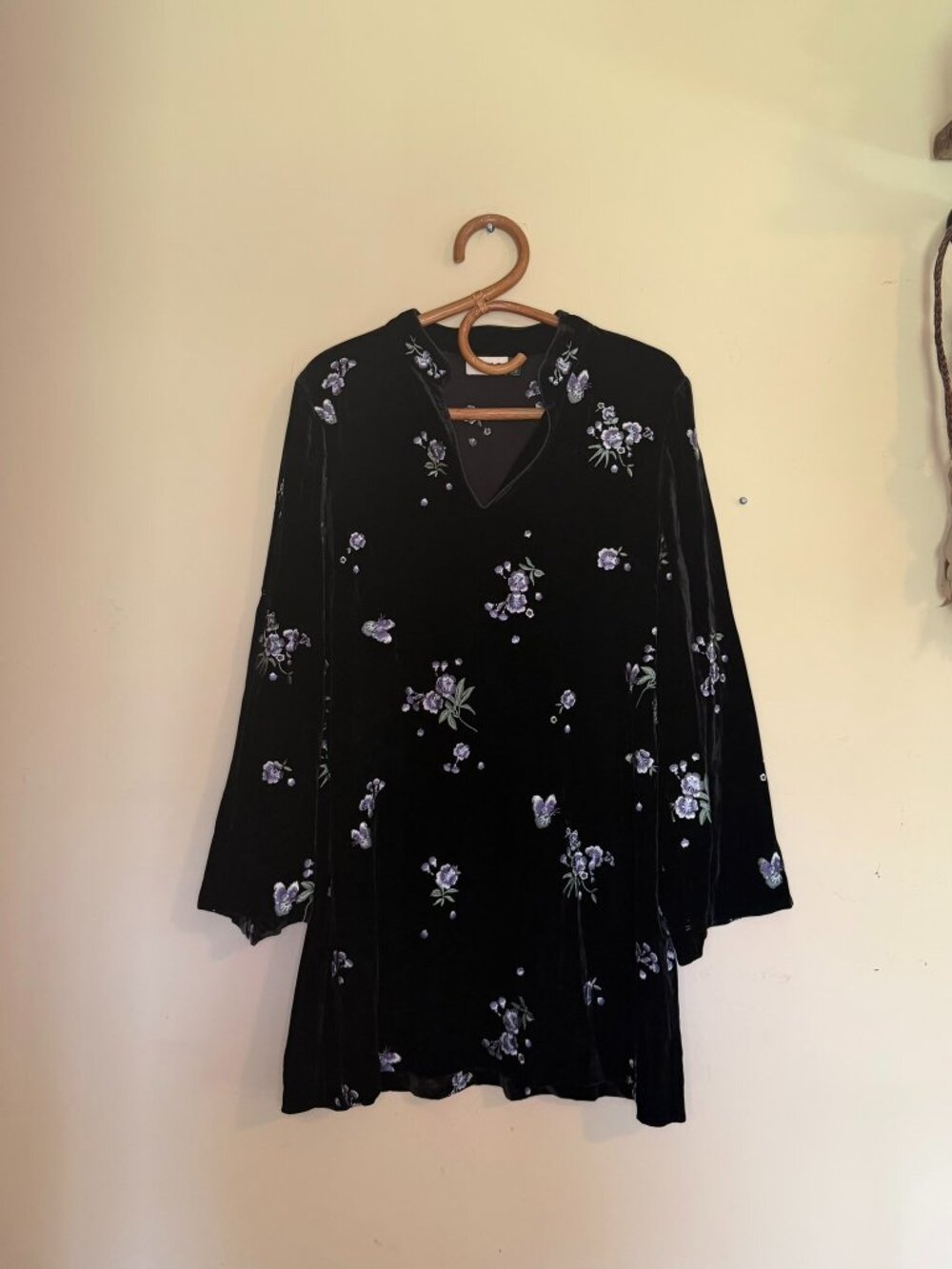 Rixo Calla Velvet Mini Dress Blue Floral Embroidery Size L US10